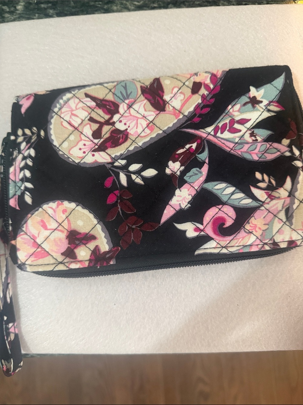 Vera Bradley Black Floral Quilted Wristlet with Pink and Cream Accents